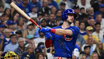 Jul 30, 2025; Milwaukee, Wisconsin, USA; Chicago Cubs right fielder Kyle Tucker (30) hits a double to drive in two runs in the sixth inning against the Milwaukee Brewers at American Family Field. Mandatory Credit: Benny Sieu-Imagn Images