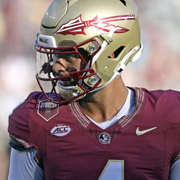 Sep 2, 2024; Tallahassee, Florida, USA; Florida State Seminoles quarterback DJ Uiagalelei (4) before the game agasint the Boston College Eagles at Doak S. Campbell Stadium. Mandatory Credit: Melina Myers-USA TODAY Sports