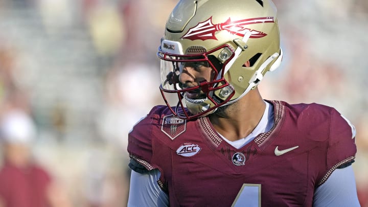 Sep 2, 2024; Tallahassee, Florida, USA; Florida State Seminoles quarterback DJ Uiagalelei (4) before the game agasint the Boston College Eagles at Doak S. Campbell Stadium. Mandatory Credit: Melina Myers-USA TODAY Sports