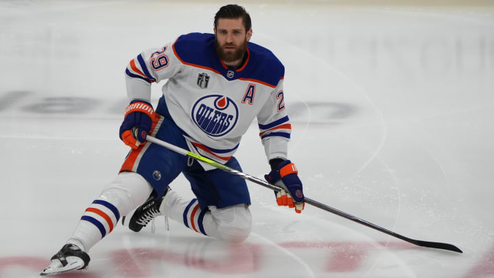 Jun 24, 2024; Sunrise, Florida, USA; Edmonton Oilers forward Leon Draisaitl (29) warms up prior to the game against the Florida Panthers in game seven of the 2024 Stanley Cup Final at Amerant Bank Arena. Mandatory Credit: Jim Rassol-USA TODAY Sports