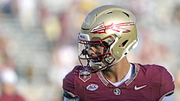 Sep 2, 2024; Tallahassee, Florida, USA; Florida State Seminoles quarterback DJ Uiagalelei (4) before the game against the Boston College Eagles at Doak S. Campbell Stadium.