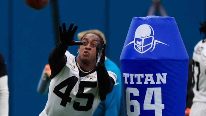 Jacksonville Jaguars safety Terrell Edmunds (45) catches a pass during the second day of a mandatory minicamp Tuesday, June 11, 2024 at EverBank Stadium’s Miller Electric Center in Jacksonville, Fla. [Corey Perrine/Florida Times-Union]