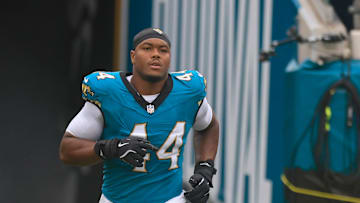 Jacksonville Jaguars defensive end Travon Walker (44) is introduced before an NFL football matchup Sunday, Oct. 6, 2024 at EverBank Stadium in Jacksonville, Fla. The Jaguars edged the Colts on a field goal 37-34. [Corey Perrine/Florida Times-Union]