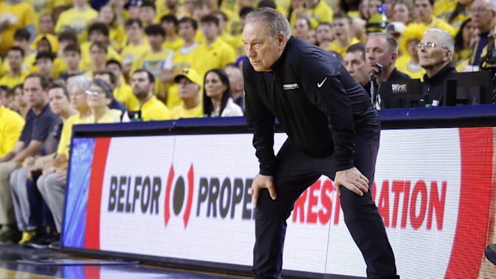 Mar 8, 2026; Ann Arbor, Michigan, USA;  Michigan State Spartans head coach Tom Izzo looks on in the first half against the Michigan Wolverines at Crisler Center. Mandatory Credit: Rick Osentoski-Imagn Images