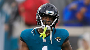 Jacksonville Jaguars running back Travis Etienne Jr. (1) runs on the field before an NFL football matchup Sunday, Dec. 29, 2024 at EverBank Stadium in Jacksonville, Fla. The Jaguars held off the Titans 20-13. [Corey Perrine/Florida Times-Union]