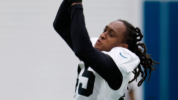 Jacksonville Jaguars safety Terrell Edmunds (45) catches a pass during the second day of a mandatory minicamp Tuesday, June 11, 2024 at EverBank Stadium’s Miller Electric Center in Jacksonville, Fla. [Corey Perrine/Florida Times-Union]