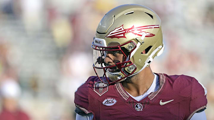 Sep 2, 2024; Tallahassee, Florida, USA; Florida State Seminoles quarterback DJ Uiagalelei (4) before the game agasint the Boston College Eagles at Doak S. Campbell Stadium. Mandatory Credit: Melina Myers-Imagn Images