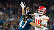 Jacksonville Jaguars linebacker Dennis Gardeck (47) pressures Kansas City Chiefs quarterback Patrick Mahomes (15) during the first quarter of an NFL football matchup at EverBank Stadium, Monday, Oct. 6, 2025, in Jacksonville, Fla. The Jacksonville Jaguars edged the Kansas City Chiefs 31-28. [Corey Perrine/Florida Times-Union]