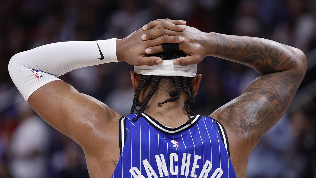 May 3, 2026; Detroit, Michigan, USA; Orlando Magic forward Paolo Banchero (5) reacts in the first half against the Detroit Pistons uring game seven of the first round of the 2026 NBA Playoffs at Little Caesars Arena. Mandatory Credit: Rick Osentoski-Imagn Images
