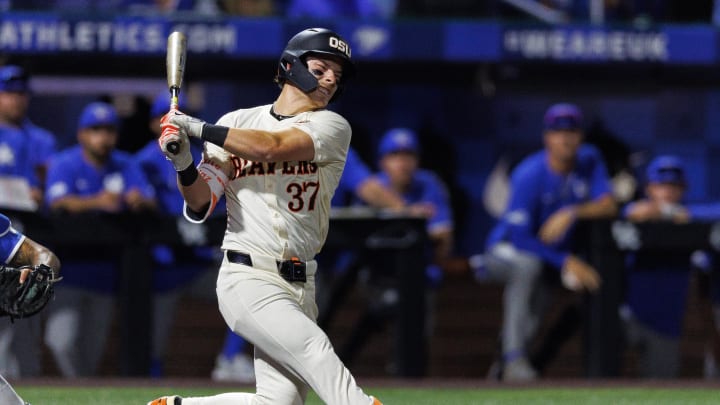 Jun 9, 2024; Lexington, KY, USA; Oregon State Beavers infielder Travis Bazzana (37) strikes out during the seventh inning against the Kentucky Wildcats at Kentucky Proud Park. Mandatory Credit: Jordan Prather-USA TODAY Sports