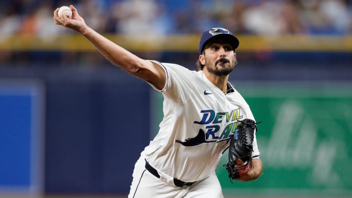 Jun 28, 2024; St. Petersburg, Florida, USA;  Tampa Bay Rays pitcher Zach Eflin (24) throws a pitch against the Washington Nationals in the third inning at Tropicana Field. Mandatory Credit: Nathan Ray Seebeck-USA TODAY Sports