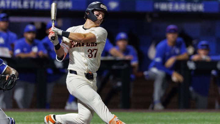 Jun 9, 2024; Lexington, KY, USA; Oregon State Beavers infielder Travis Bazzana (37) strikes out during the seventh inning against the Kentucky Wildcats at Kentucky Proud Park. Mandatory Credit: Jordan Prather-USA TODAY Sports