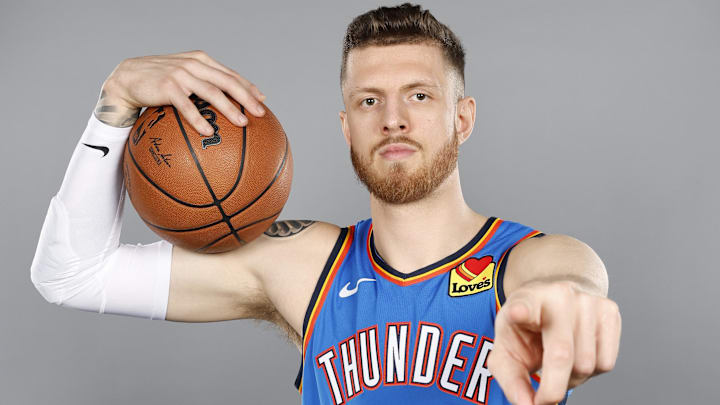 Sep 30, 2024; Oklahoma City, OK, USA; Oklahoma City Thunder center Isaiah Hartenstein poses for a photo during Oklahoma City Thunder Media Day at Paycom Center. Mandatory Credit: Alonzo Adams-Imagn Images