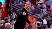 Apr 4, 2025; Houston, Texas, USA; Houston Rockets head coach Ime Udoka on the sidelines against the Oklahoma City Thunder during the second quarter at Toyota Center. Mandatory Credit: Erik Williams-Imagn Images