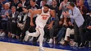 May 29, 2025; New York, New York, USA; New York Knicks center Karl-Anthony Towns (32) runs up court after a basket in game five of the eastern conference finals of the 2025 NBA Playoffs against the Indiana Pacers at Madison Square Garden. Mandatory Credit: Vincent Carchietta-Imagn Images