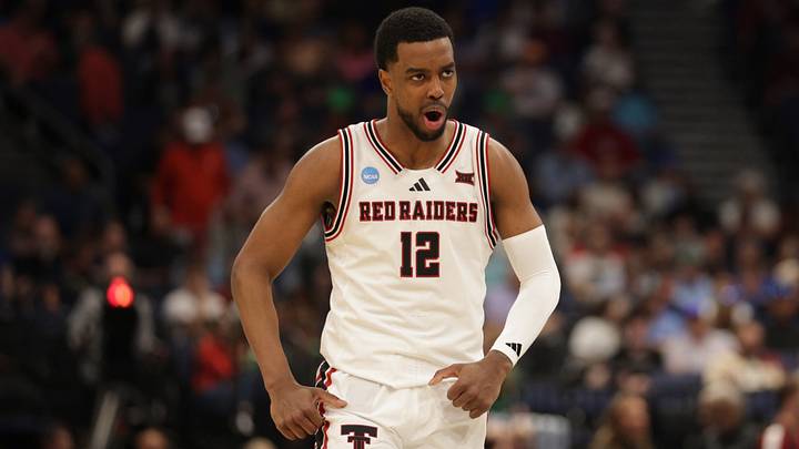 Mar 20, 2026; Tampa, FL, USA; Texas Tech Red Raiders forward Donovan Atwell (12) celebrates in the second half against the Akron Zips during a first round game of the men's 2026 NCAA Tournament at Benchmark International Arena. Mandatory Credit: Nathan Ray Seebeck-Imagn Images