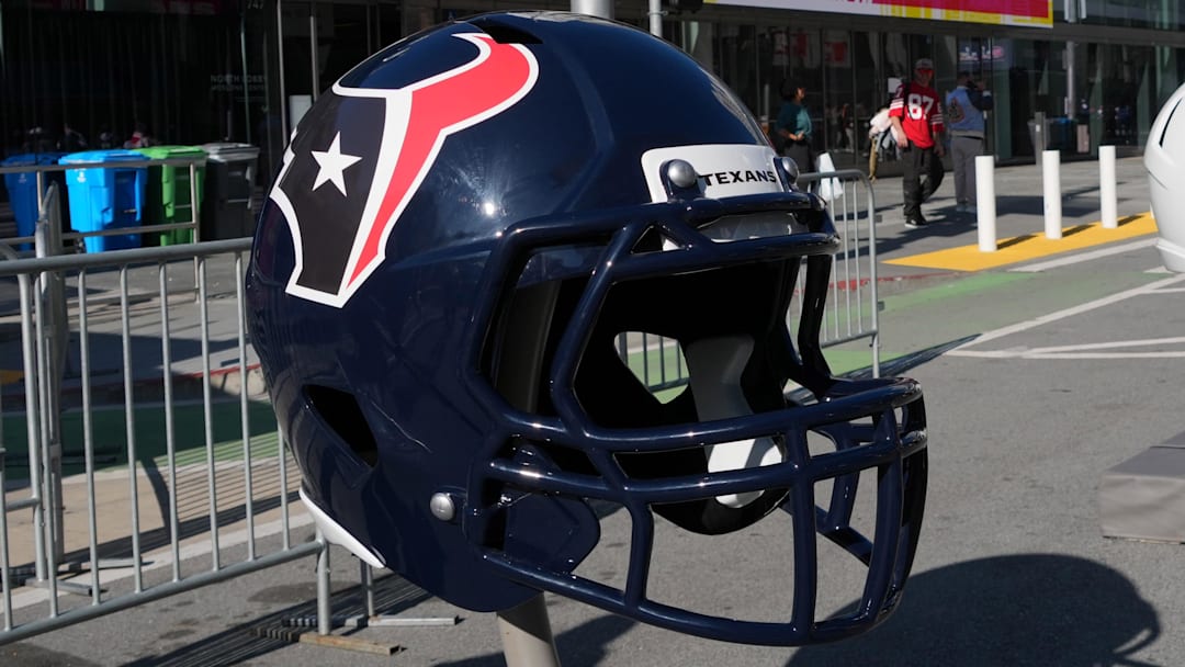 Feb 4, 2026; San Francisco, CA, USA; Large helmets of the Houston Texans, Indianapolis Colts, Jacksonville Jaguars and Tennessee Titans at the Super Bowl LX Experience at the Moscone Center. Mandatory Credit: Kirby Lee-Imagn Images