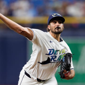 Jun 28, 2024; St. Petersburg, Florida, USA;  Tampa Bay Rays pitcher Zach Eflin (24) throws a pitch against the Washington Nationals in the third inning at Tropicana Field.
