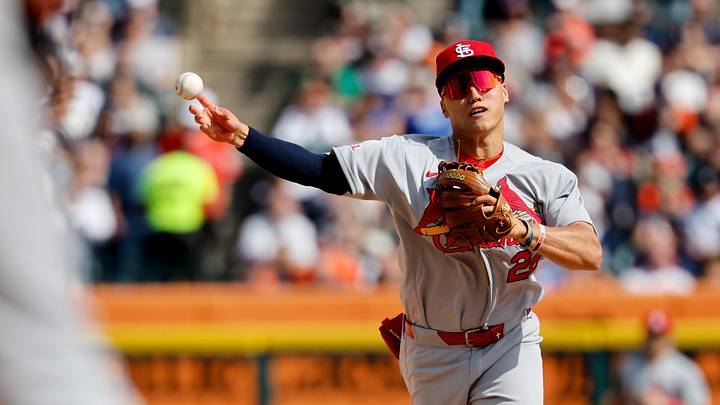 Apr 3, 2026; Detroit, Michigan, USA;  St. Louis Cardinals shortstop JJ Wetherholt (26) makes a throw to first to complete a double play in the seventh inning against the Detroit Tigers at Comerica Park. Mandatory Credit: Rick Osentoski-Imagn Images