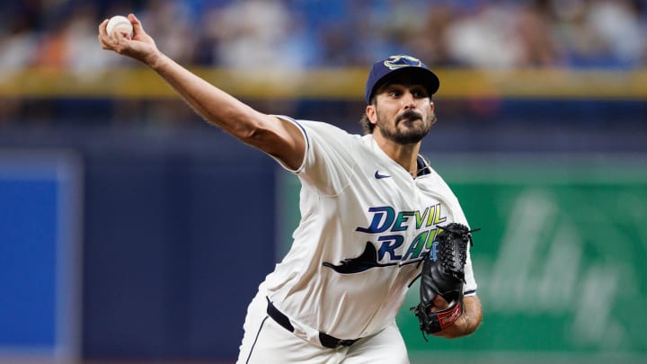 Jun 28, 2024; St. Petersburg, Florida, USA;  Tampa Bay Rays pitcher Zach Eflin (24) throws a pitch against the Washington Nationals in the third inning at Tropicana Field. 