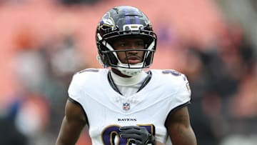 Nov 16, 2025; Cleveland, Ohio, USA;  Baltimore Ravens wide receiver Devontez Walker (81) warms up before a game against the Cleveland Browns at Huntington Bank Field. Mandatory Credit: Scott Galvin-Imagn Images