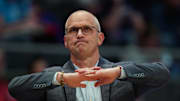 Nov 23, 2025; Hartford, Connecticut, USA; UConn Huskies head coach Dan Hurley watches from the sideline as they take on the Bryant Bulldogs at Peoples Bank Arena. Mandatory Credit: David Butler II-Imagn Images