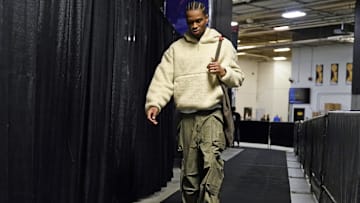Mar 12, 2023; San Antonio, Texas, USA; Oklahoma City Thunder guard Shai Gilgeous-Alexander (4) enters AT&T Center before the game against the San Antonio Spurs. Mandatory Credit: Scott Wachter-Imagn Images