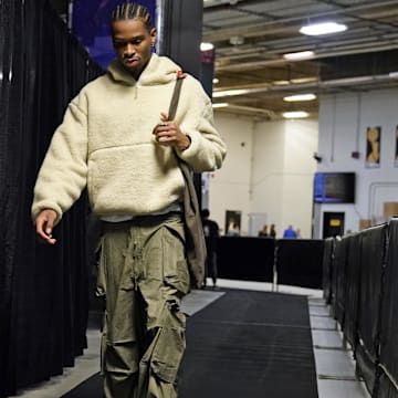Mar 12, 2023; San Antonio, Texas, USA; Oklahoma City Thunder guard Shai Gilgeous-Alexander (4) enters AT&T Center before the game against the San Antonio Spurs. Mandatory Credit: Scott Wachter-Imagn Images
