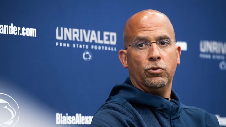 Penn State football coach James Franklin speaks to reporters during a press conference in Holuba Hall. 