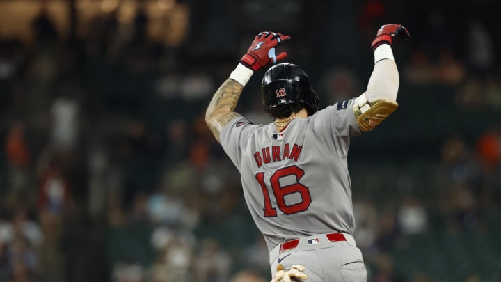 Boston Red Sox outfielder Jarren Duran (16) celebrates after he hits a home run tenth inning against the Detroit Tigers at Comerica Park on Aug 30.