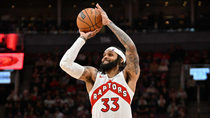 Mar 25, 2024; Toronto, Ontario, CAN; Toronto Raptors guard Gary Trent Jr. (33) shoots the ball Mar 25, 2024; Toronto, Ontario, CAN; Toronto Raptors guard Gary Trent Jr. (33) shoots the ball