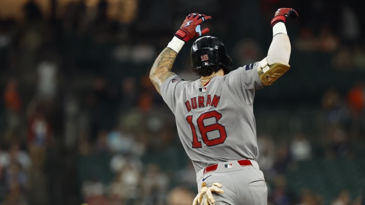 Aug 30, 2024; Detroit, Michigan, USA;  Boston Red Sox outfielder Jarren Duran (16) celebrates after he hits a home run tenth inning against the Detroit Tigers at Comerica Park. Mandatory Credit: Rick Osentoski-USA TODAY Sports