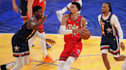 Feb 16, 2025; San Francisco, CA, USA; Chuckís Global Stars forward Victor Wembanyama (1) of the San Antonio Spurs drives to the basket against Kennyís Young Stars during the 2025 NBA All Star Game at Chase Center. Mandatory Credit: Cary Edmondson-Imagn Images