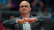 Nov 23, 2025; Hartford, Connecticut, USA; UConn Huskies head coach Dan Hurley watches from the sideline as they take on the Bryant Bulldogs at Peoples Bank Arena. Mandatory Credit: David Butler II-Imagn Images