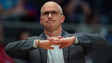 Nov 23, 2025; Hartford, Connecticut, USA; UConn Huskies head coach Dan Hurley watches from the sideline as they take on the Bryant Bulldogs at Peoples Bank Arena. Mandatory Credit: David Butler II-Imagn Images