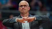 Nov 23, 2025; Hartford, Connecticut, USA; UConn Huskies head coach Dan Hurley watches from the sideline as they take on the Bryant Bulldogs at Peoples Bank Arena. Mandatory Credit: David Butler II-Imagn Images