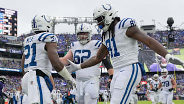 Sep 24, 2023; Baltimore, Maryland, USA; Indianapolis Colts running back Zack Moss (21) reacts after