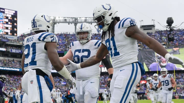 Sep 24, 2023; Baltimore, Maryland, USA; Indianapolis Colts running back Zack Moss (21) reacts after