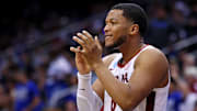Mar 27, 2025; Newark, NJ, USA; Alabama Crimson Tide guard Chris Youngblood (8) celebrates on the bench during the second half against the Brigham Young Cougars during an East Regional semifinal of the 2025 NCAA tournament at Prudential Center. 