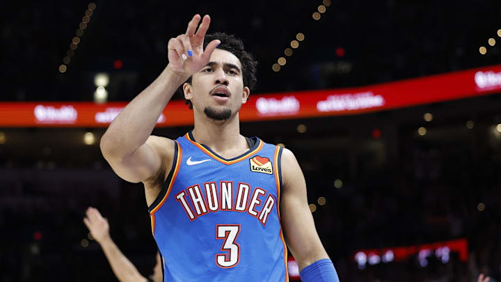 Mar 9, 2026; Oklahoma City, Oklahoma, USA; Oklahoma City Thunder guard Jared McCain (3). Mandatory Credit: Alonzo Adams-Imagn Images