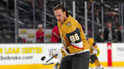 Sep 29, 2023; Las Vegas, Nevada, USA; Vegas Golden Knights forward Maxime Comtois (88) warms up before the start of a preseason game against the Arizona Coyotes at T-Mobile Arena. Mandatory Credit: Stephen R. Sylvanie-Imagn Images