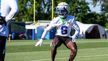 Detroit Lions cornerback Terrion Arnold (6) practices during training camp at Meijer Performance Center in Allen Park on Tuesday, July 22, 2025.
