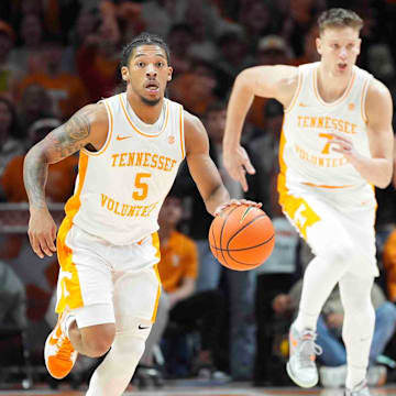 Tennessee's Zakai Zeigler (5) dribbles down the court during a men’s college basketball game between Tennessee and Mississippi State at Thompson-Boling Arena at Food City Center, Tuesday, Jan. 21, 2025.