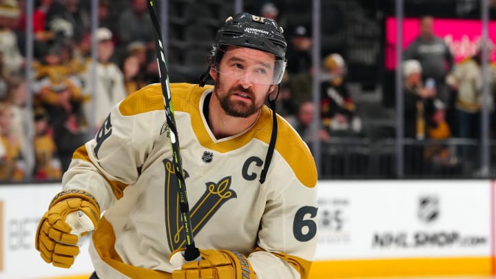 Jan 13, 2024; Las Vegas, Nevada, USA; Vegas Golden Knights right wing Mark Stone (61) warms up before a game against the Calgary Flames at T-Mobile Arena. Mandatory Credit: Stephen R. Sylvanie-USA TODAY Sports