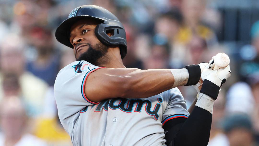 Miami Marlins designated hitter Otto Lopez 96) hits a single against the Pittsburgh Pirates 