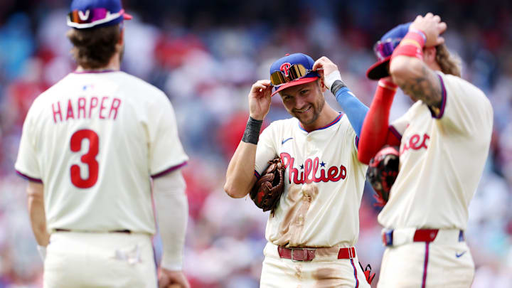 Philadelphia Phillies infielders Trea Turner, Bryce Harper, Bryson Stott