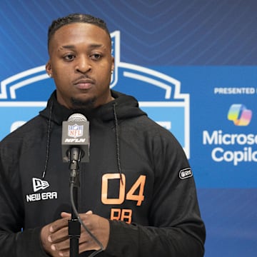 Feb 28, 2025; Indianapolis, IN, USA; Texas Tech running back Tahj Brooks (RB04) talks to the press during the 2025 NFL Combine at Indiana Convention Center. Mandatory Credit: Stephanie Amador Blondet-Imagn Images
