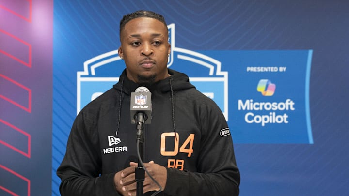 Feb 28, 2025; Indianapolis, IN, USA; Texas Tech running back Tahj Brooks (RB04) talks to the press during the 2025 NFL Combine at Indiana Convention Center. Mandatory Credit: Stephanie Amador Blondet-Imagn Images