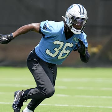 Carolina Panthers safety Demani Richardson (36) sprints during minicamp at Bank of America Stadium.
