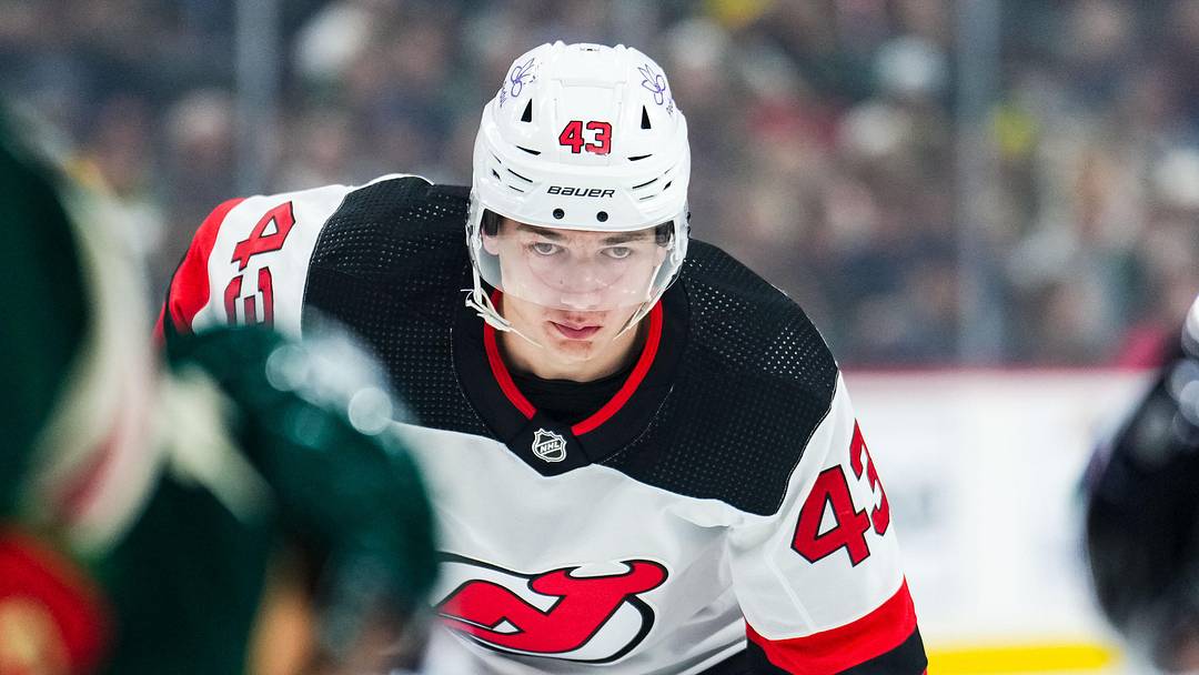 Nov 2, 2023; Saint Paul, Minnesota, USA; New Jersey Devils defenseman Luke Hughes (43) looks on during the first period against the Minnesota Wild at Xcel Energy Center. Mandatory Credit: Brace Hemmelgarn-Imagn Images